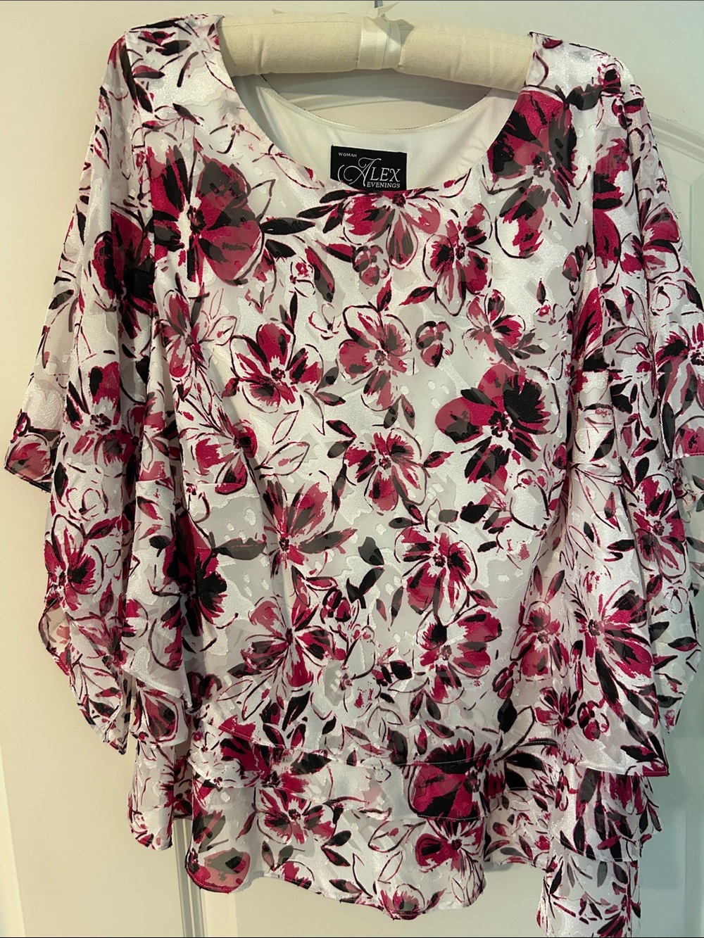 Alex Evenings White Floral Layered Blouse with Fuchsia and Gray Accents